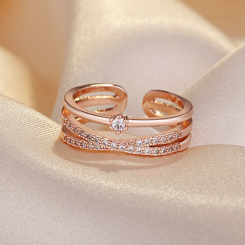 Rose Gold Plated American Diamond Studded Contemporary Korean Finger Ring