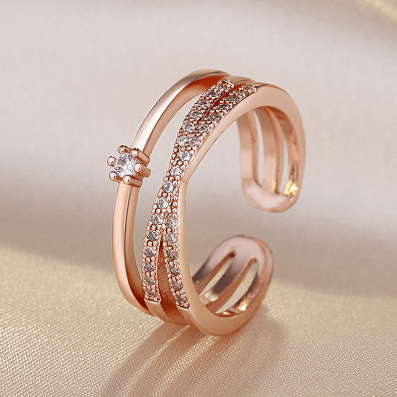 Rose Gold Plated American Diamond Studded Contemporary Korean Finger Ring