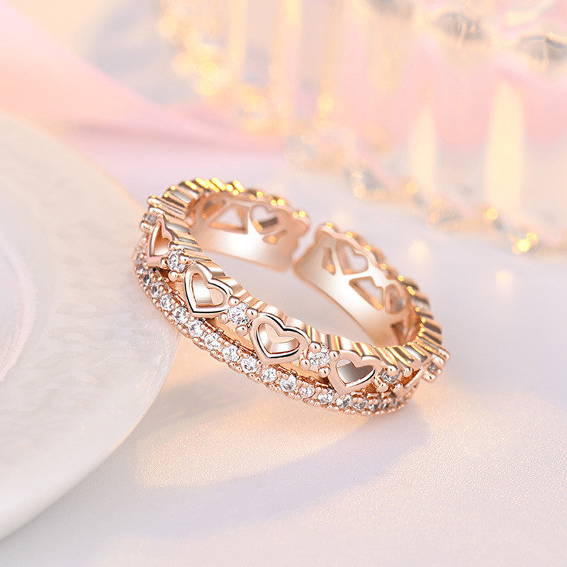 Rose Gold Plated American Diamond Studded Hearts inspired Contemporary Finger Ring