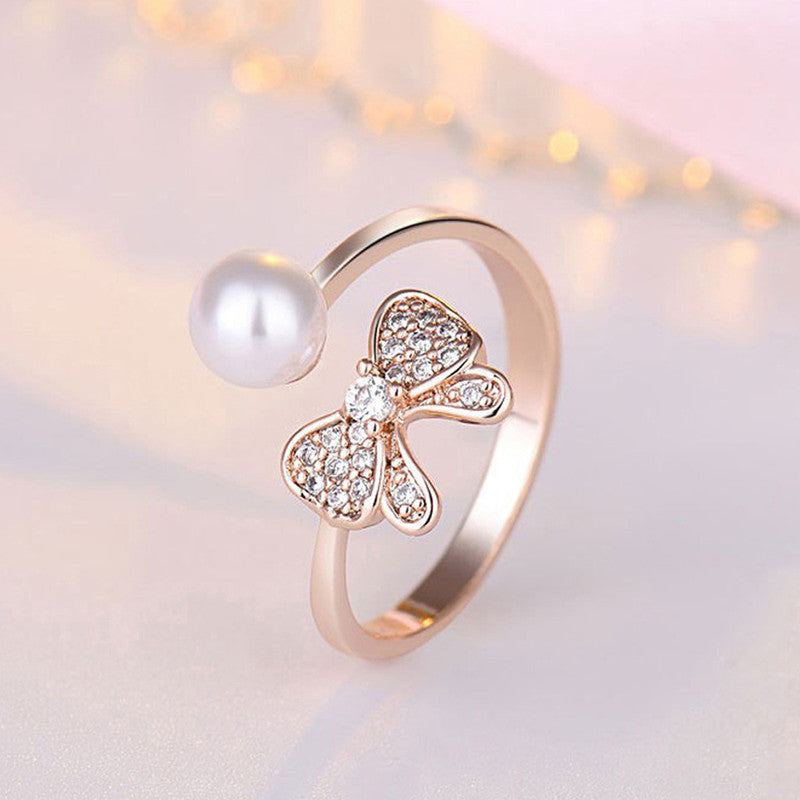 Rose Gold Plated American Diamond Studded Butterfly Shape Contemporary Finger Ring