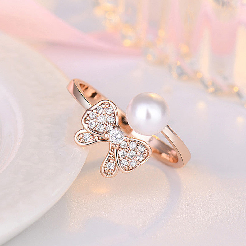 Rose Gold Plated American Diamond Studded Butterfly Shape Contemporary Finger Ring