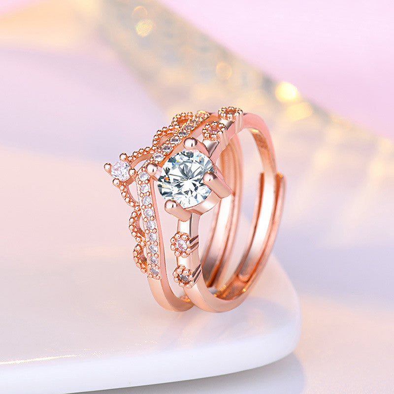 Rose Gold Plated American Diamond Studded Crown Shape Contemporary Korean Finger Ring