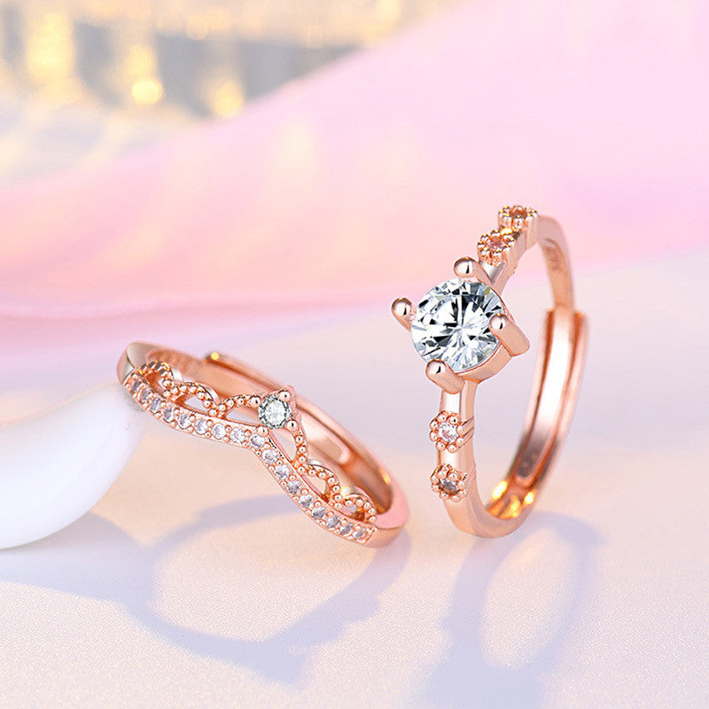 Rose Gold Plated American Diamond Studded Crown Shape Contemporary Korean Finger Ring