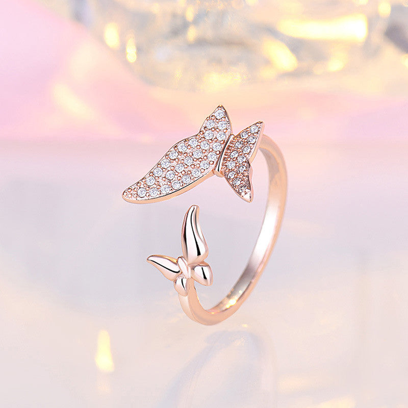 Rose Gold Plated American Diamond Studded Butterfly Shape Contemporary Finger Ring