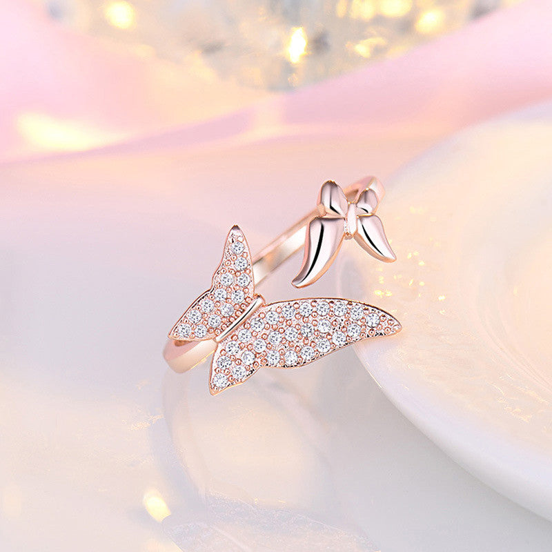 Rose Gold Plated American Diamond Studded Butterfly Shape Contemporary Finger Ring