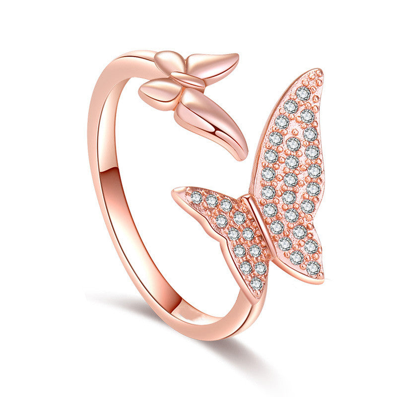 Rose Gold Plated American Diamond Studded Butterfly Shape Contemporary Finger Ring