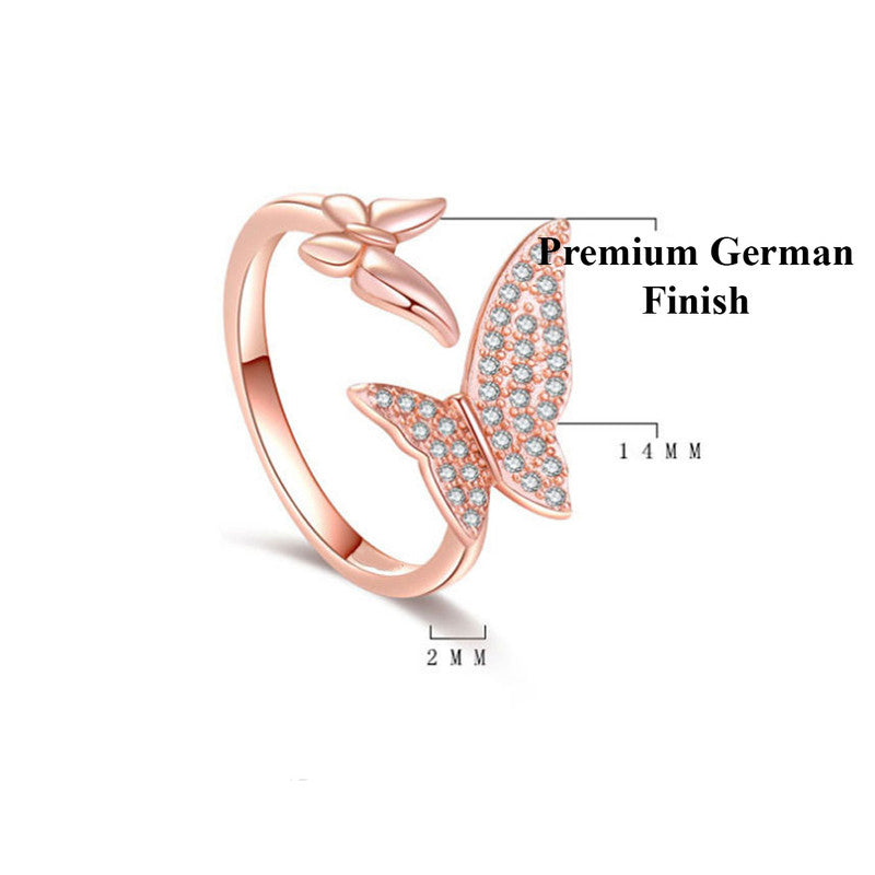 Rose Gold Plated American Diamond Studded Butterfly Shape Contemporary Finger Ring