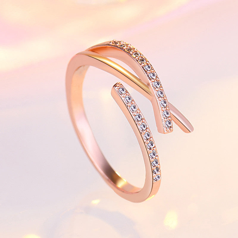 Rose Gold Plated American Diamond Studded Contemporary Korean Finger Ring