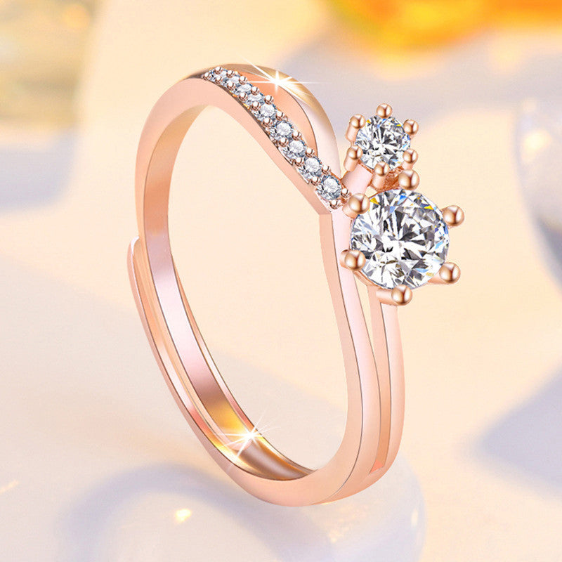 Rose Gold Plated American Diamond Studded Contemporary Korean Finger Ring