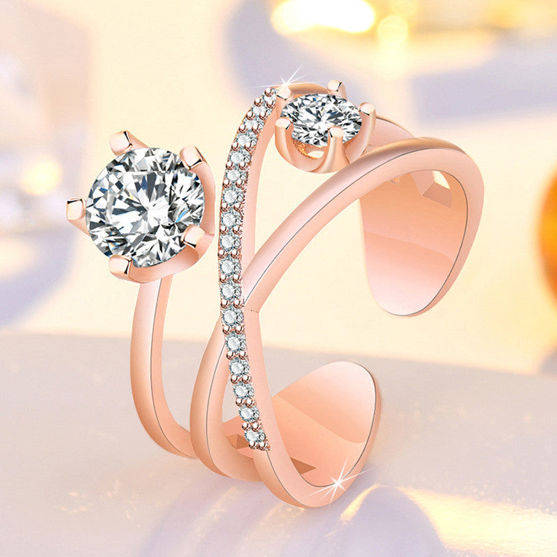 Rose Gold Plated American Diamond Studded Contemporary Korean Finger Ring