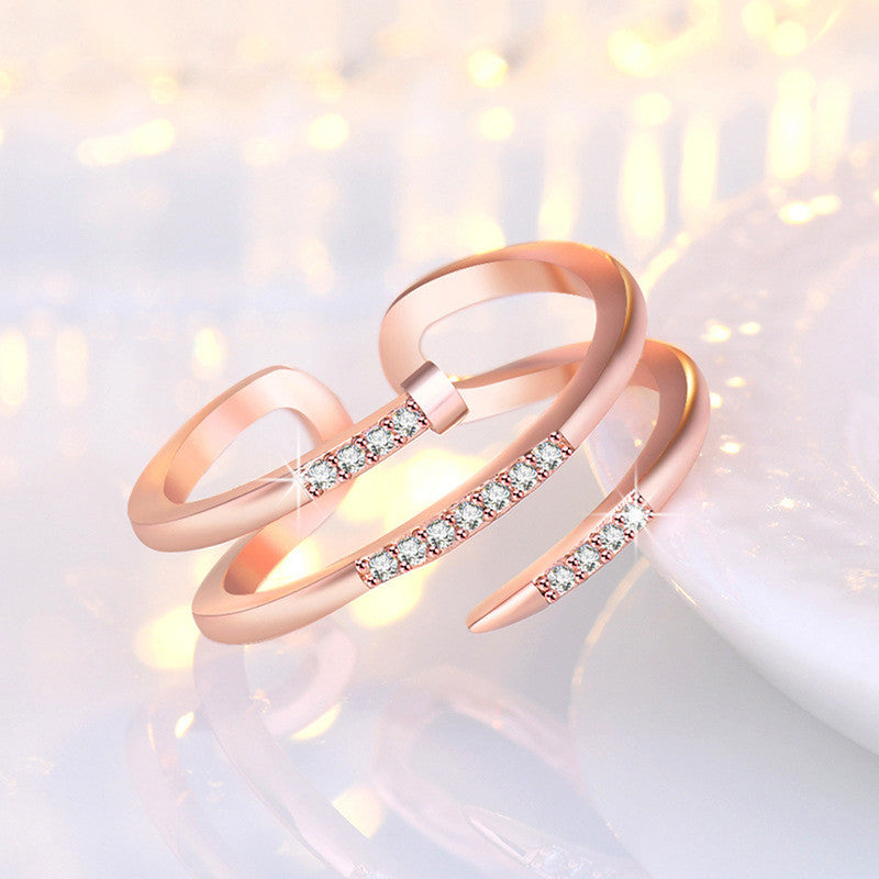 Rose Gold Plated American Diamond Studded Nail Shape Contemporary Korean Finger Ring