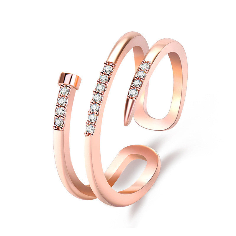 Rose Gold Plated American Diamond Studded Nail Shape Contemporary Korean Finger Ring