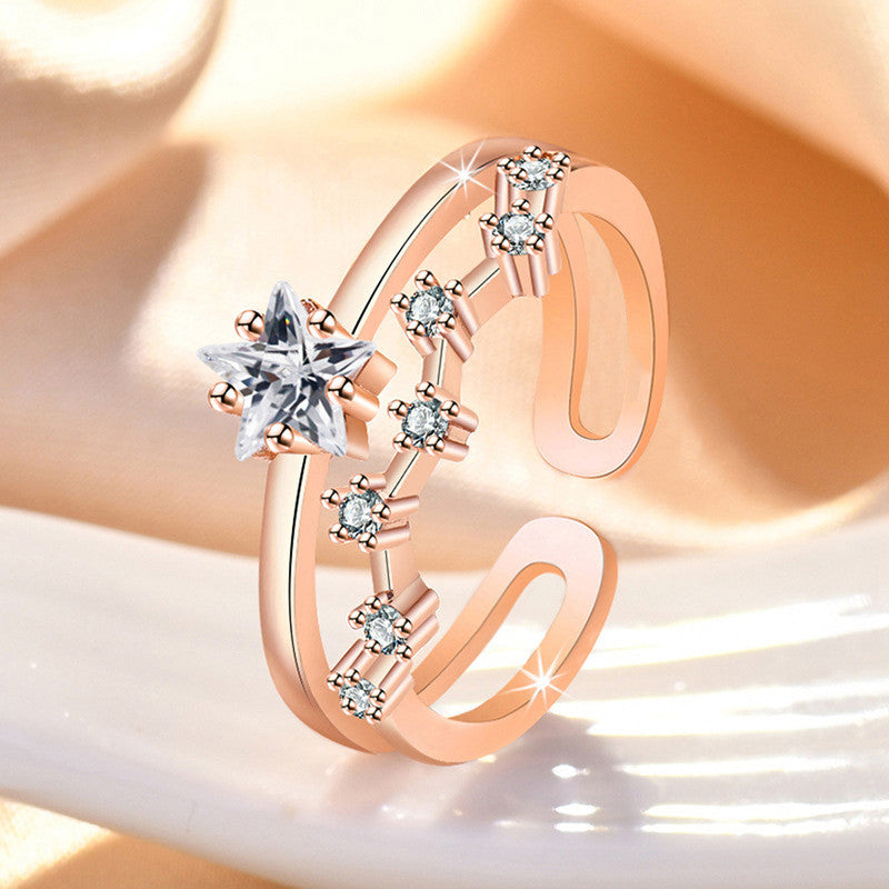 Rose Gold Plated American Diamond Studded Star Shape Contemporary Korean Finger Ring