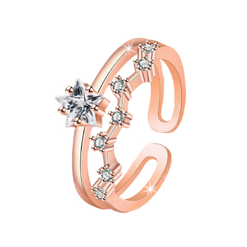 Rose Gold Plated American Diamond Studded Star Shape Contemporary Korean Finger Ring