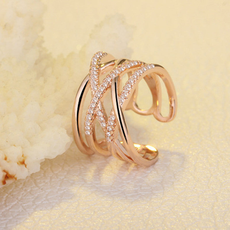 Rose Gold Plated American Diamond Studded Contemporary Korean Finger Ring