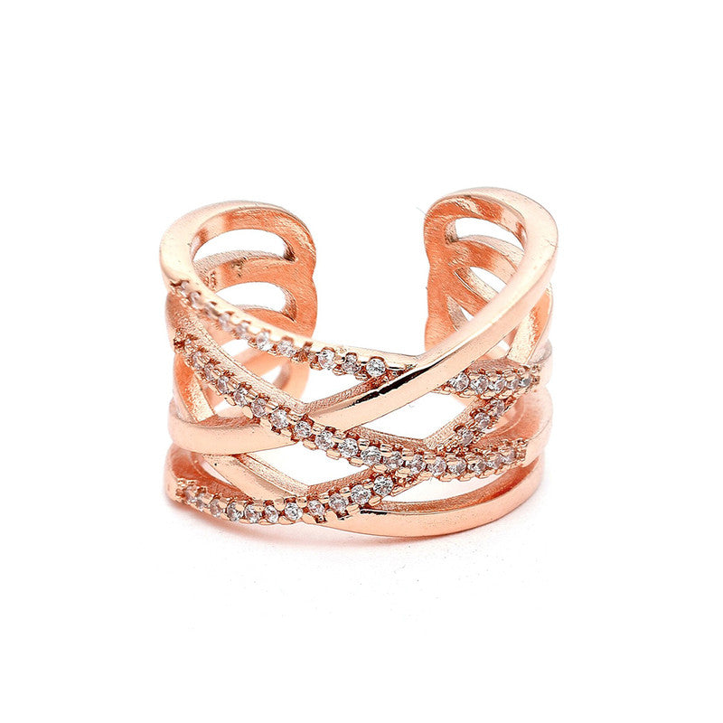 Rose Gold Plated American Diamond Studded Contemporary Korean Finger Ring