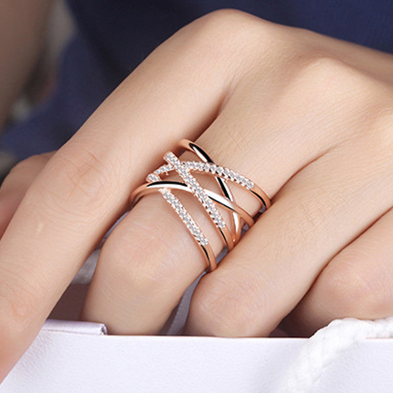 Rose Gold Plated American Diamond Studded Contemporary Korean Finger Ring