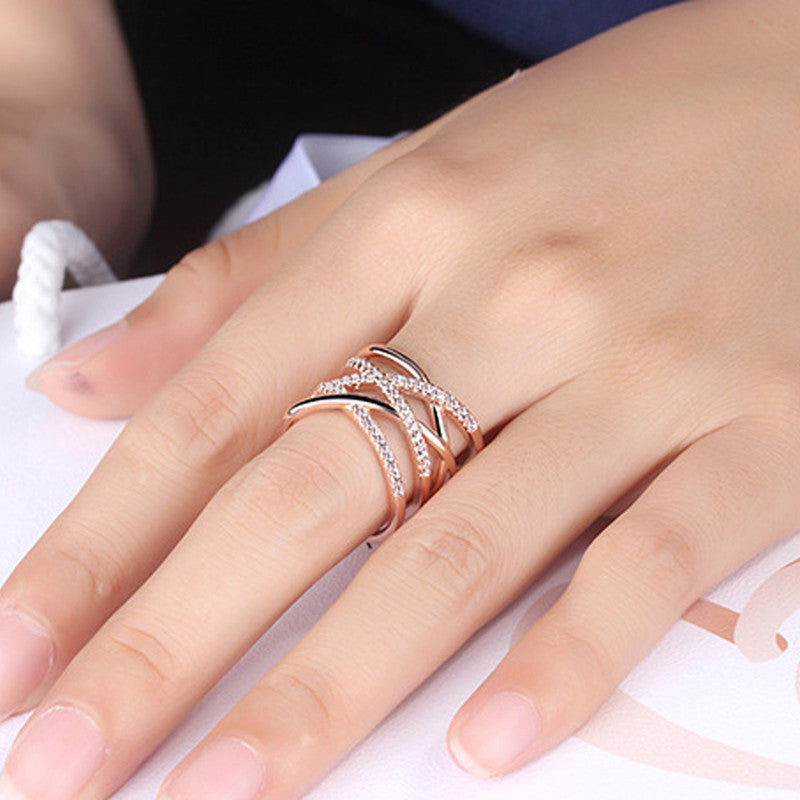 Rose Gold Plated American Diamond Studded Contemporary Korean Finger Ring