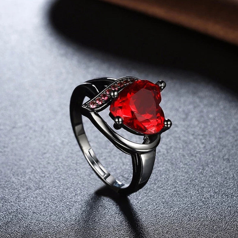 Red Silver-Plated Stone Studded Adjustable Finger Ring