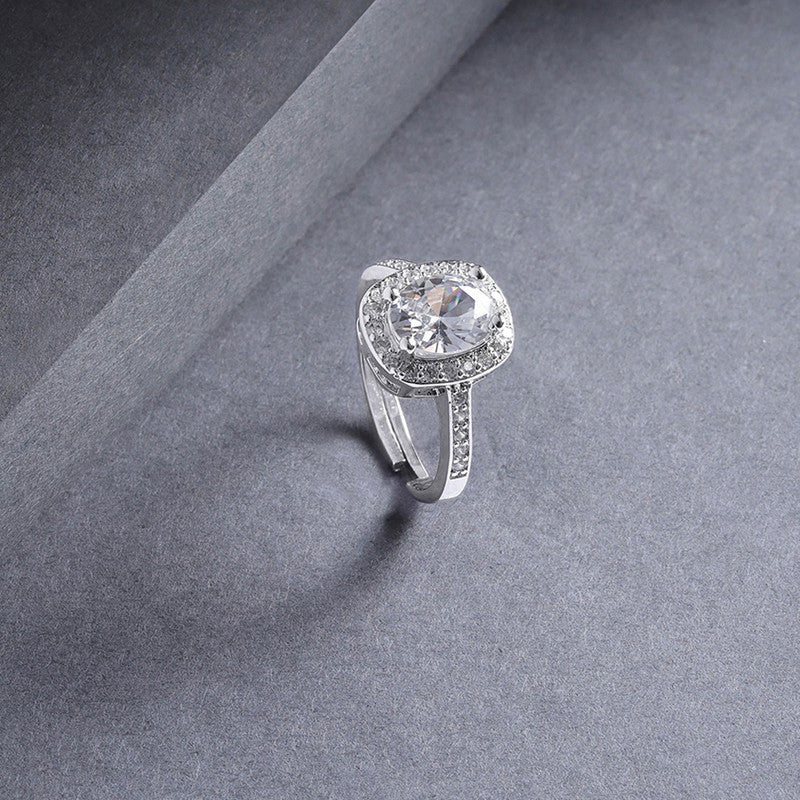 Silver-Plated Geometric American Diamond Adjustable Finger Ring