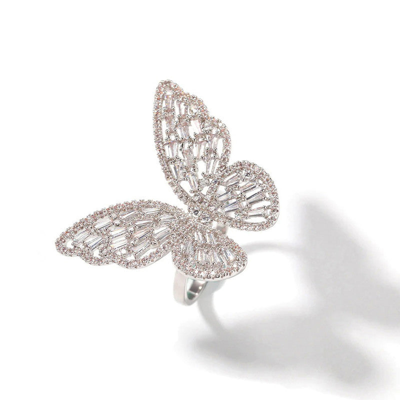 Silver Plated Butterfly Inspired Stone Studded Cocktail Ring For Women