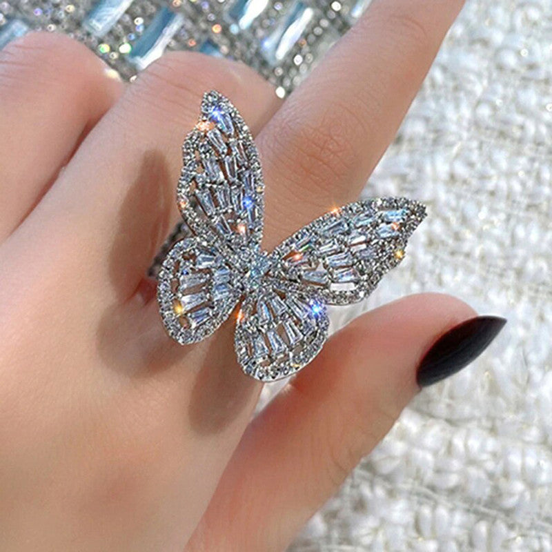 Silver Plated Butterfly Inspired Stone Studded Cocktail Ring For Women