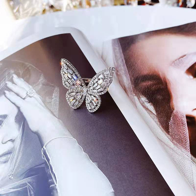 Silver Plated Butterfly Inspired Stone Studded Cocktail Ring For Women