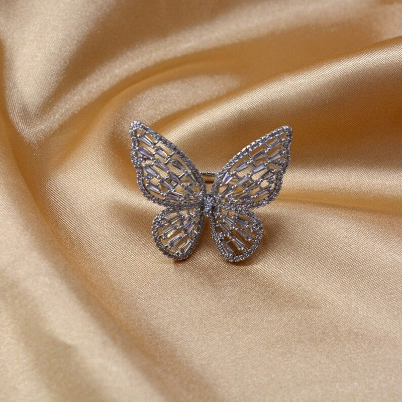 Silver Plated Butterfly Inspired Stone Studded Cocktail Ring For Women