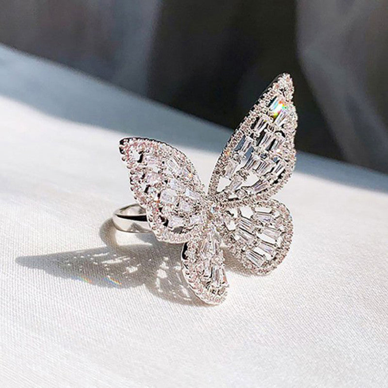 Silver Plated Butterfly Inspired Stone Studded Cocktail Ring For Women