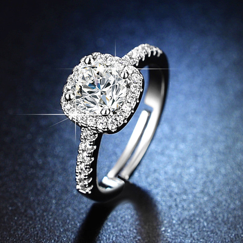 Silver Plated American Diamond Studded Square Shape Anti Tarnish Solitaire Adjustable Finger Ring