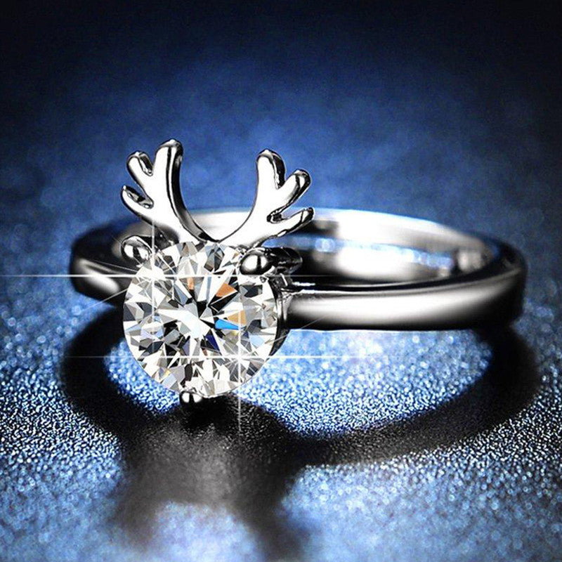 Silver Plated Crystal Studded Deer Themed Anti Tarnish Adjustable Finger Ring