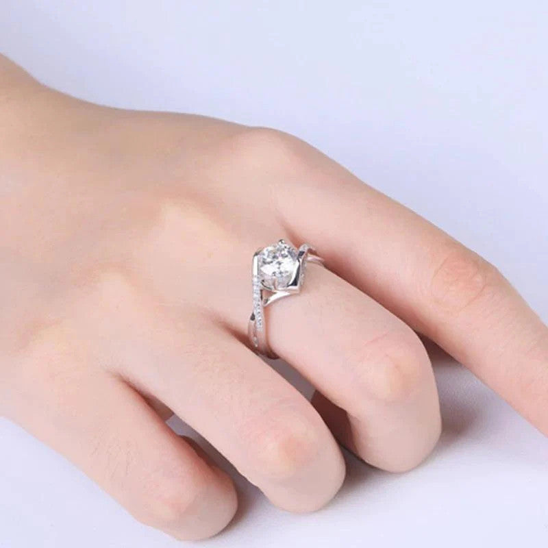 Silver Plated Crystal Studded Heart Themed Anti Tarnish Solitaire Adjustable Finger Ring