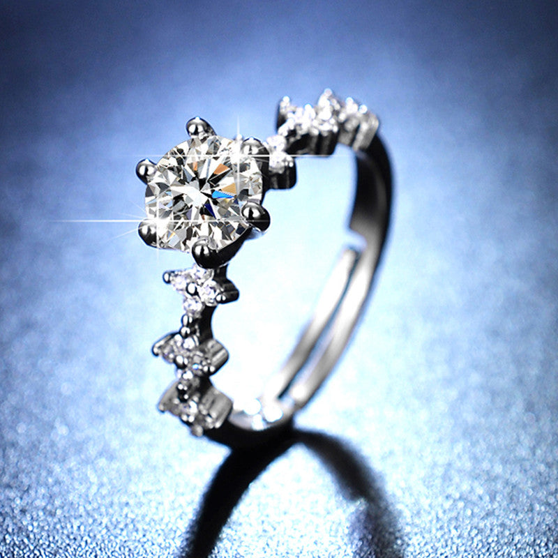 Silver Plated American Diamond Studded Floral Anti Tarnish Adjustable Solitaire Finger Ring