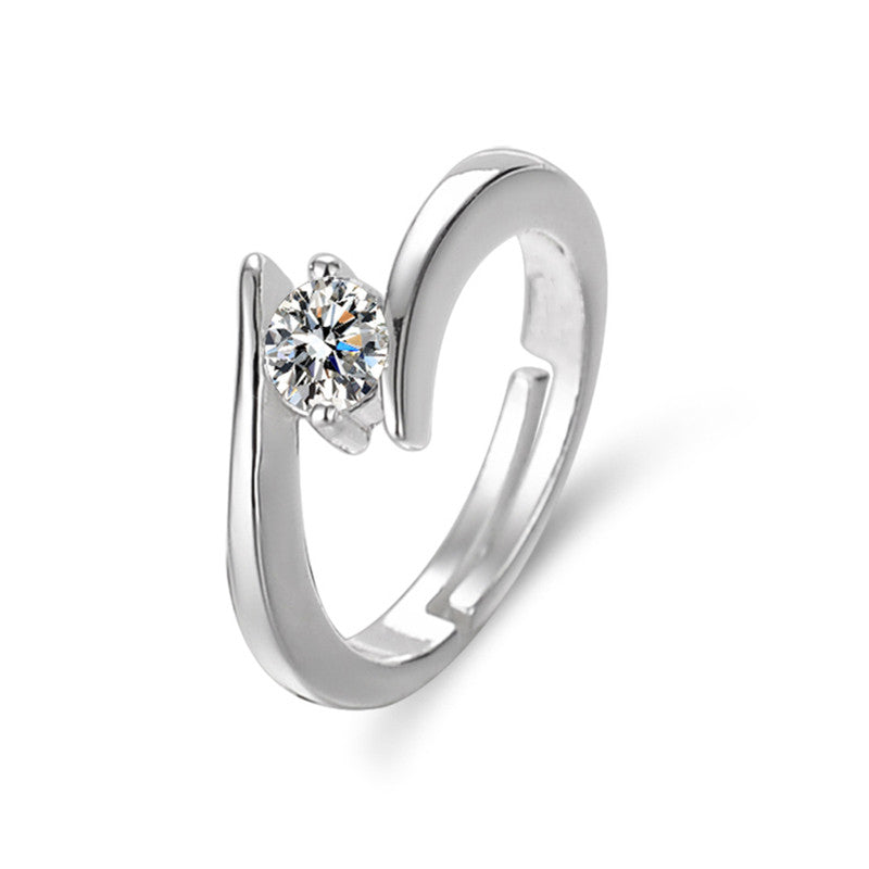 Silver Plated Crystal Studded Anti Tarnish Contemporary Solitaire Adjustable Finger Ring