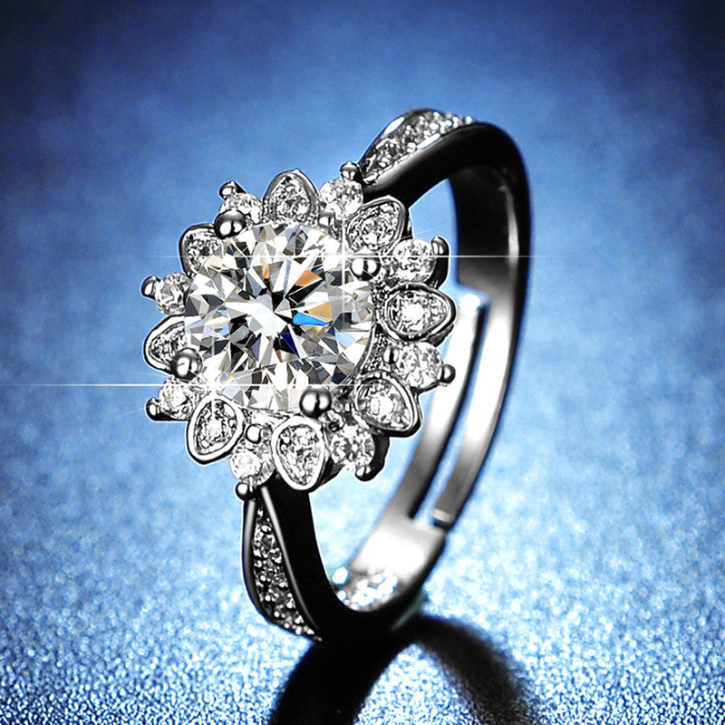 Silver Plated American Diamond Studded Floral Anti Tarnish Adjustable Solitaire Finger Ring