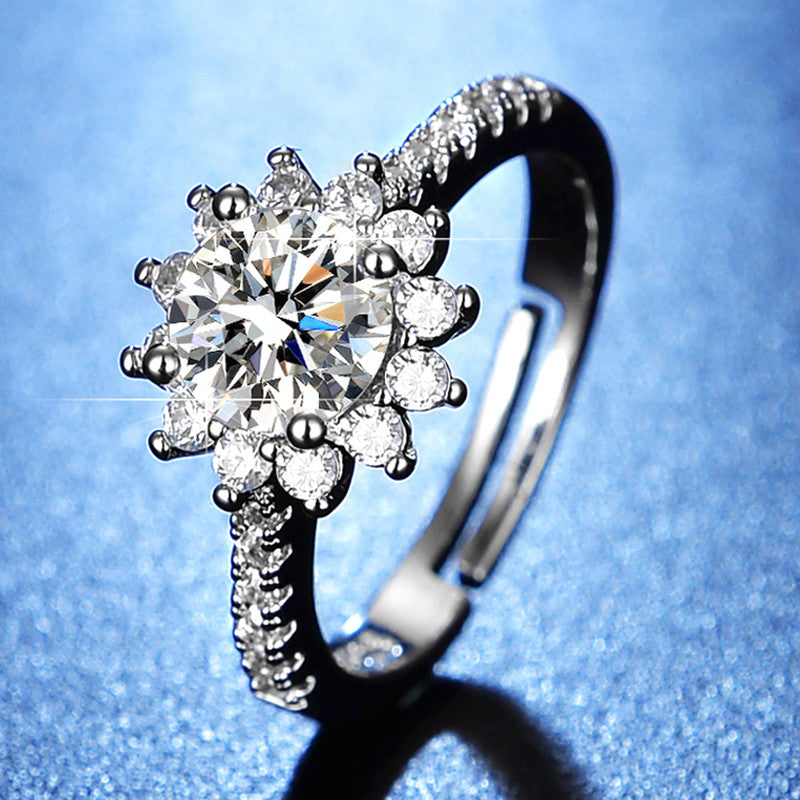 Silver Plated American Diamond Studded Floral Anti Tarnish Adjustable Solitaire Finger Ring