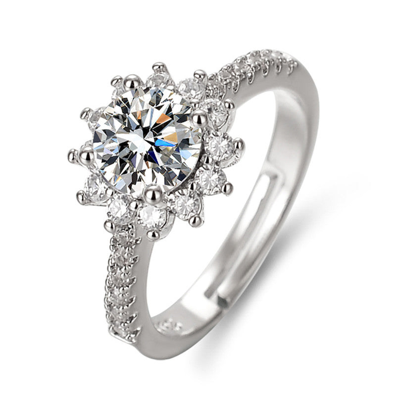 Silver Plated American Diamond Studded Floral Anti Tarnish Adjustable Solitaire Finger Ring