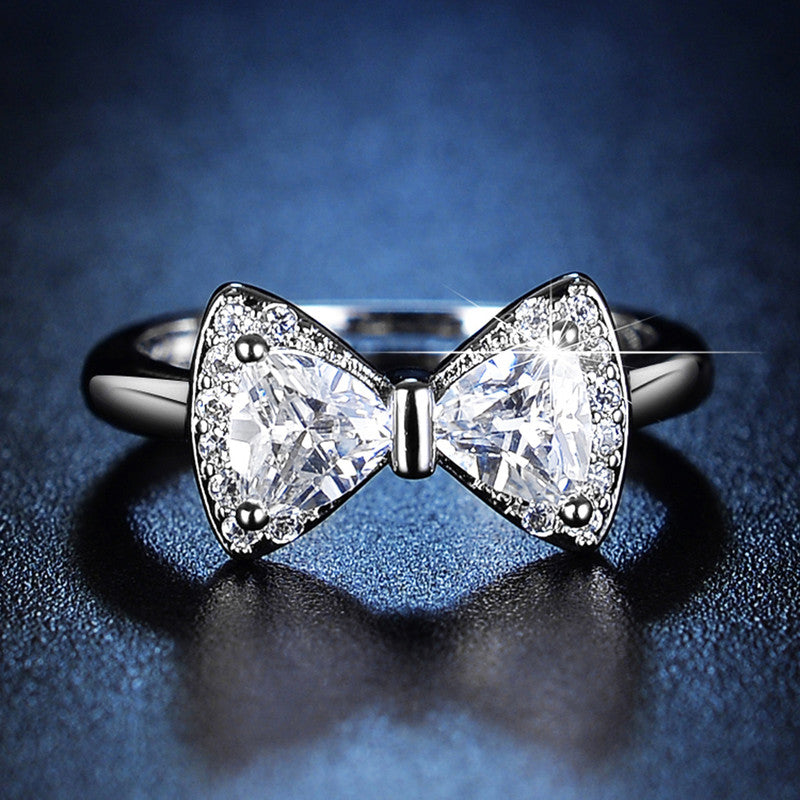 Silver Plated Crystal Studded Bow Tie inspired Anti Tarnish Contemporary Adjustable Finger Ring