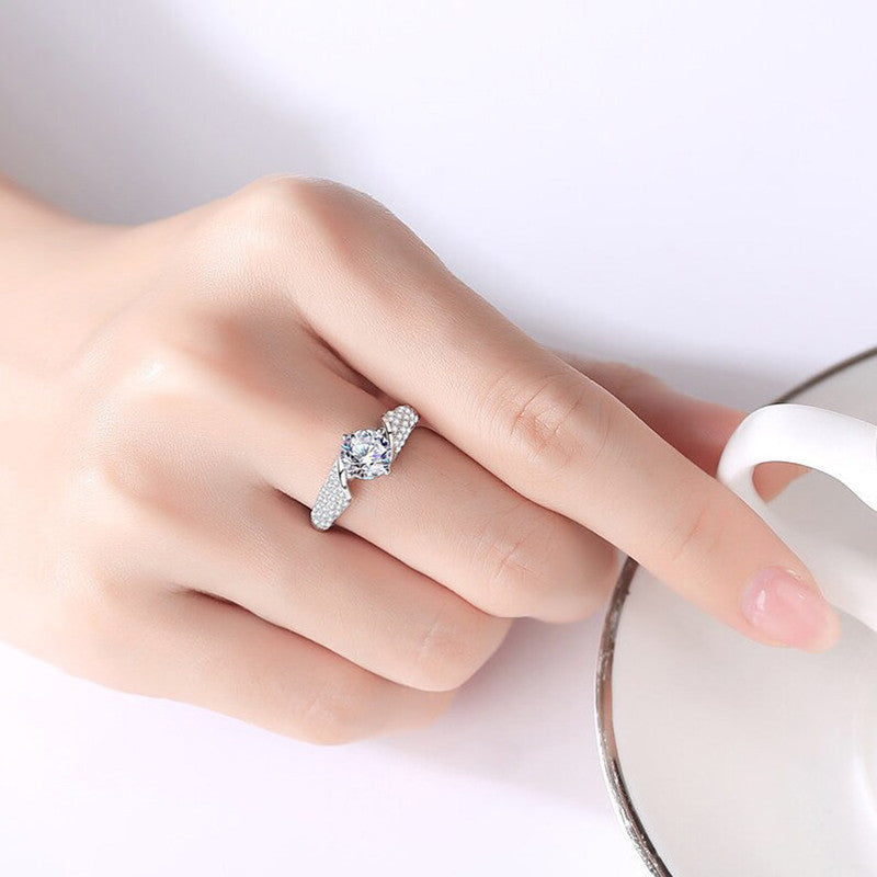 Silver Plated Crystal Studded Anti Tarnish Contemporary Solitaire Adjustable Finger Ring