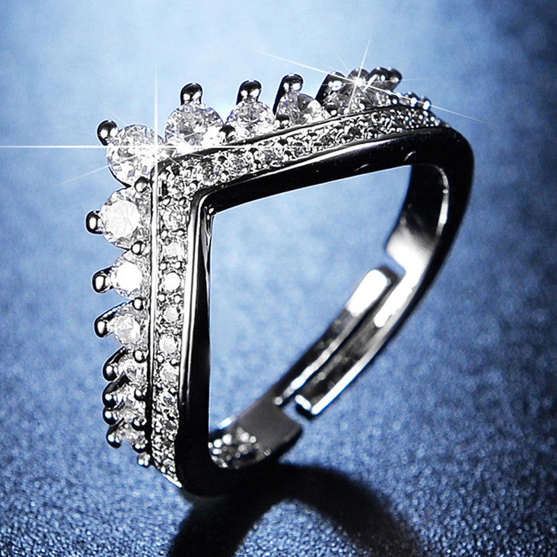 Silver Plated American Diamond Studded V Shape Anti Tarnish Adjustable Finger Ring