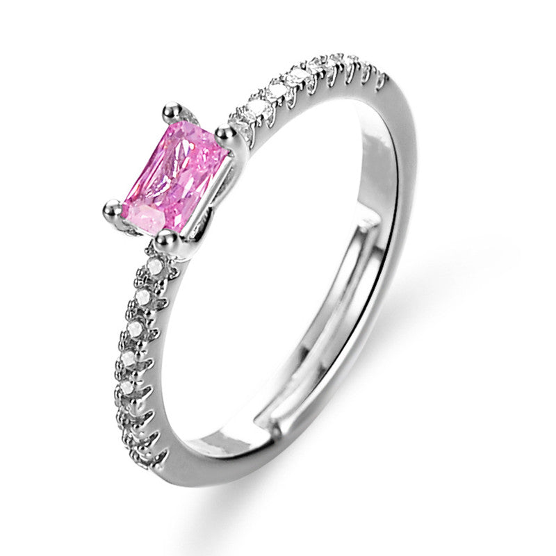 Silver Plated American Diamond Studded Rectangular Anti Tarnish Pink Stone Adjustable Finger Ring