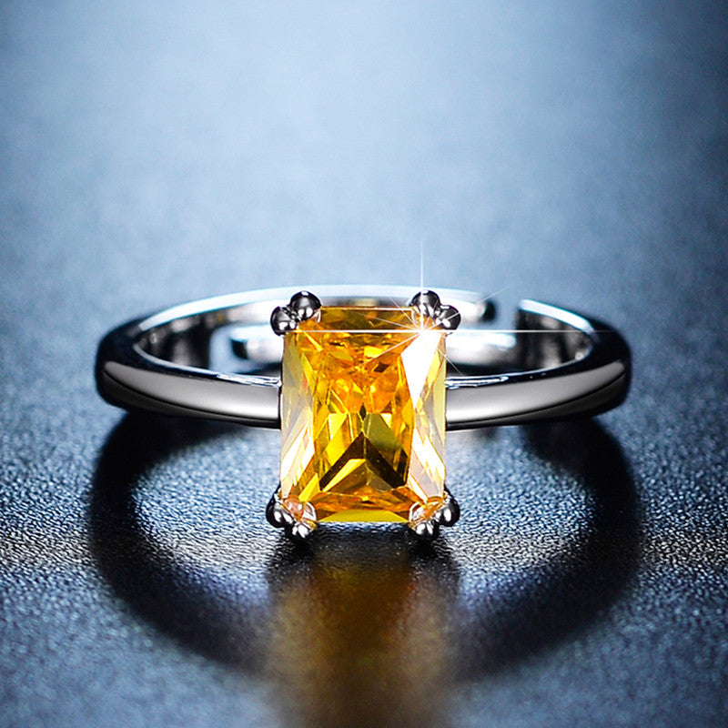 Silver Plated Crystal Studded Rectangular Yellow Stone Anti Tarnish Adjustable Finger Ring