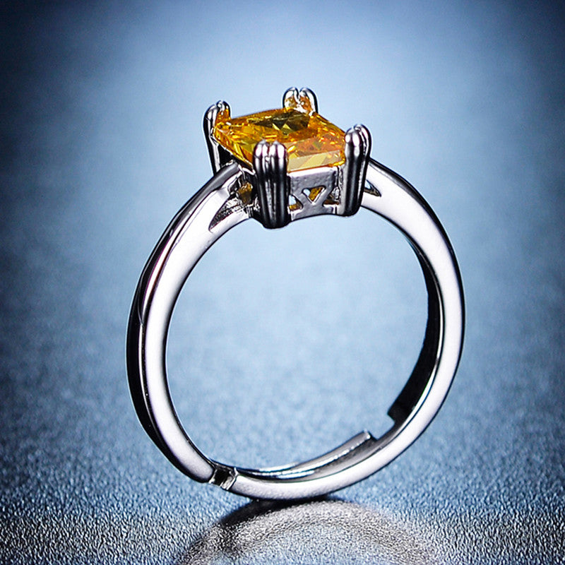 Silver Plated Crystal Studded Rectangular Yellow Stone Anti Tarnish Adjustable Finger Ring