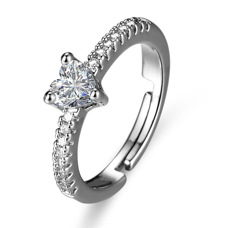 Silver Plated American Diamond Studded Heart Themed Anti Tarnish Adjustable Finger Ring