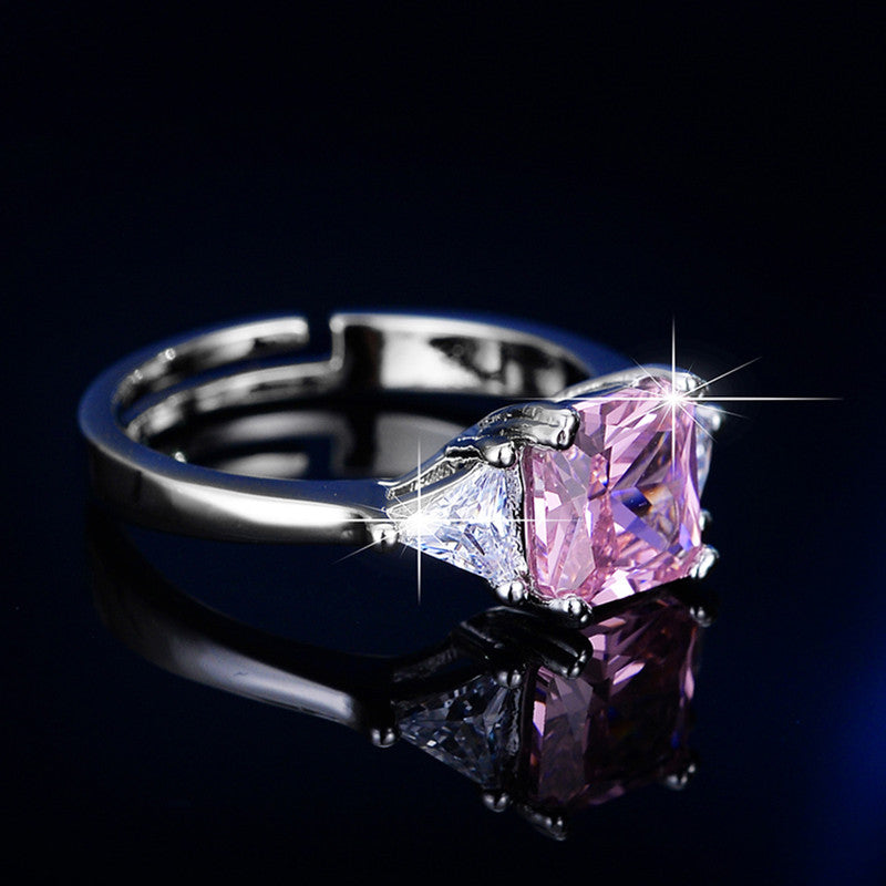 Silver Plated American Diamond Studded Rectangular Pink Stone Anti Tarnish Adjustable Finger Ring