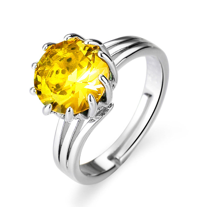 Silver Plated Crystal Studded Rectangular Yellow Stone Cocktail Style Anti Tarnish Adjustable Finger Ring