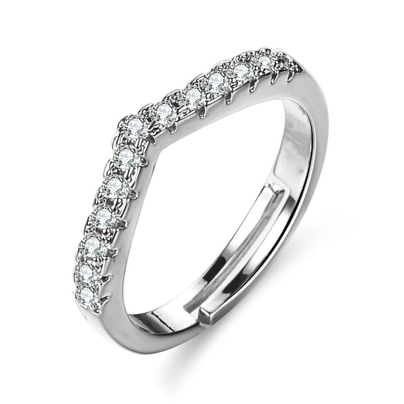 Silver Plated American Diamond Studded V Shape Contemporary Anti Tarnish Adjustable Finger Ring