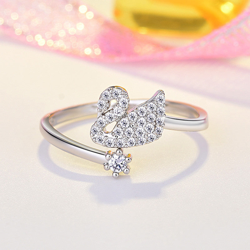 Silver Plated American Diamond Studded Swan Shape Contemporary Korean Finger Ring