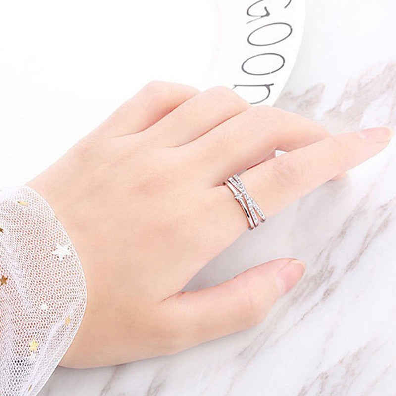 Silver Plated American Diamond Studded Contemporary Korean Finger Ring