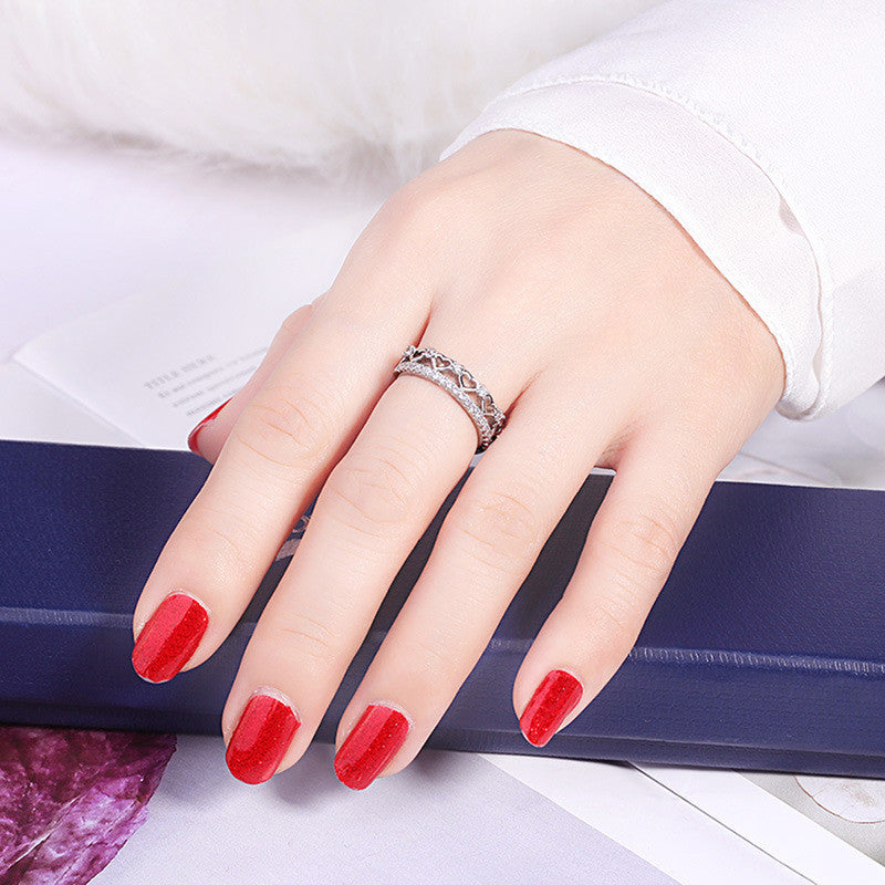 Silver Plated American Diamond Studded Hearts inspired Contemporary Korean Finger Ring